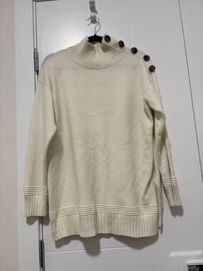 Anthropologie Cream Button-Shoulder Turtleneck Sweater